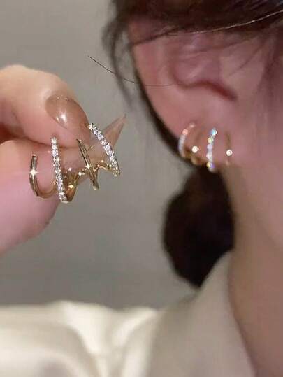 2件套新款镶钻简约设计多层弧形耳环，女士款