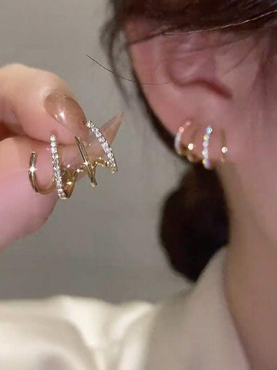 2pcs New Diamond Inlaid Minimalist Design Layered Curved Earrings For Women - Gold 2 - View 1