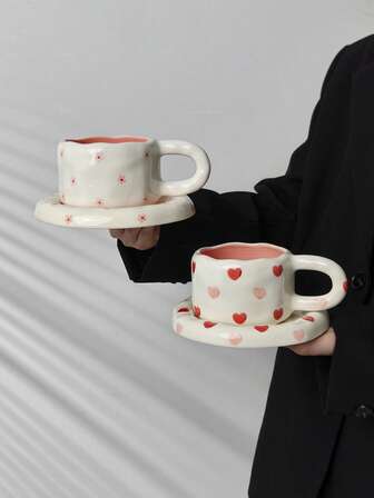 1set Ins Style Heart & Flower Ceramic Coffee Cup & Saucer Set, Breakfast Milk Cup, Home/Office Afternoon Tea/Latte/Juice Drinking Cup, Couple Gift, Holiday Gift