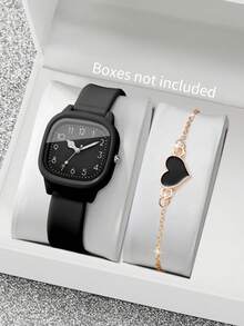 Set de 2 relojes de cuarzo de silicona para mujer con esfera cuadrada y pulsera elegante con encanto, sin caja de reloj incluida - Negro - Ver 10