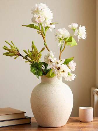 1个复古花瓶，乡村复古圆形手工陶瓷装饰花瓶，适合情人节、感恩节、家庭聚会、客厅、办公室、玄关装饰