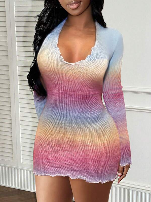 LovelyWholesale Vestido mini de manga larga con cuello de barco, ajustado y con degradado, para mujer, para primavera y otoño