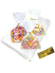 100/50pcs/Gift Bags With Ribbon Ties Transparent Gift Bags Candy, Cookie, And Party Gift Packaging Bags - Multicolor - View 6