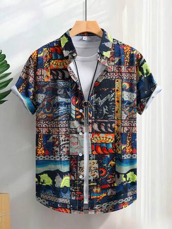 男士花卉印花纽扣短袖衬衫