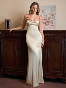 PARTHEA Spaghetti Straps Flower Detail Ruched Satin Elegant Long Dress Formal Evening Prom Wedding Guest Gown, For Graduation, Dinner Party Dress