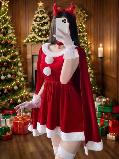 1pc Japanese Style Sweet Christmas Role Play Costume Hooded Dress, COSPLAY Outfit Suitable For Holiday Parties, Performances, Balls, Stages - Dress Only