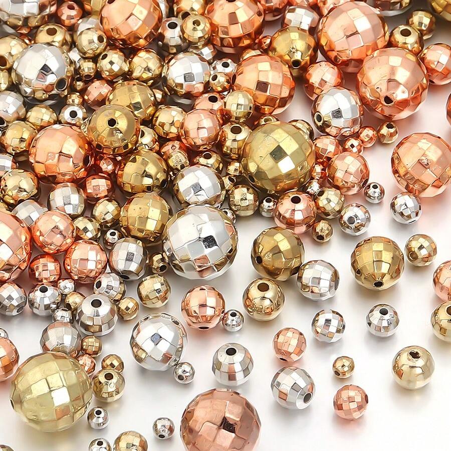 20-200pcs/Pack CCB Round Faceted Disco Ball Beads, Multi-Size, Fashion Classic Casual Gold & Silver Jewelry Making DIY Beads, Spacer Beads For Bracelets, Necklaces, Crafts, Decorations, Pendants, Wholesale Beads