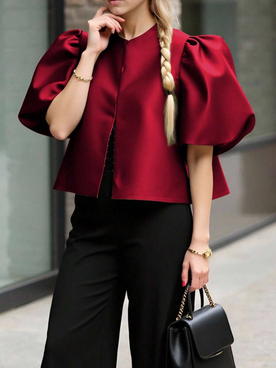 Elegaris 女款純色短袖襯衫，極簡時尚夏季紅色休閒款