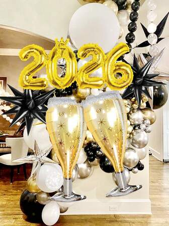 30pcs 2026 Happy New Year Black & Gold Foil Balloons, Includes Gold 2026, Wine Bottle, Champagne Glass, Black Explosion Star Foil Balloons, Suitable For 2026 Black & Gold New Year Party, New Year Decoration, Birthday, Graduation Ceremony, Photo Booth Props, Holiday Decorations, Beer Theme Party, Bachelorette, Anniversary Celebration