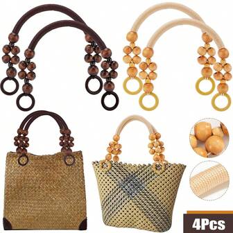 4 piezas Asa de cartera de madera con cuentas, 2 colores Asa de cartera rústica con cuentas de repuesto, Asa de bolsa de nailon de 18.5" con cuentas y cuerda, adecuada para bolsa de playa de verano, bolso de ganchillo, suministros DIY