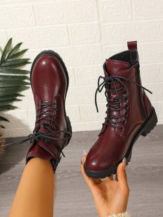 European & American Style Wine Red Boots, Women's New Autumn/Winter Plus Size Round Toe Lace-Up Motorcycle Boots, Unisex Cool & Versatile Short Boots, Fashion & Combat Boots