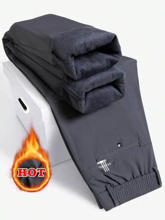 Pantalones casuales rectos y holgados de unicolor con bolsillo, forrados térmicamente, para otoño/invierno