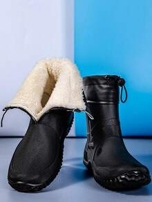 Fesd Ts Fashion Men's Drawstring Rain Boots Short Tube Couples Warm Lined Adult Rain Boots Non-Slip Durable Rubber Shoes For Kitchen Work Outdoor Car Washing Camping Fishing Waterproof Shoes Letter Beach Sports Outdoor TPR (Thermoplastic Rubber Material) Rain Boots Work Shoes Holiday Outdoor Autumn/Winter - Black - View 13