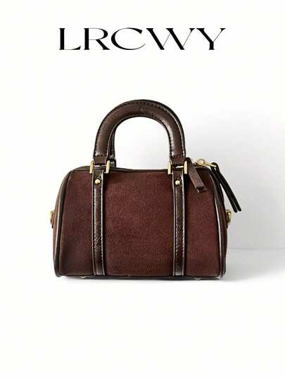 Women's Mini Boston Bag, Elegant Vintage Faux Suede Handbag, Shoulder Crossbody Bag Suitable For Shopping And Commuting, Autumn/Winter, Coffee Color