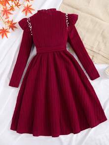 Vestido de niña con mangas de caperuza, textura acanalada y cuentas - Rojo - Ver 2