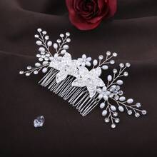 1件优雅新娘头饰，饰有水钻、仿珍珠和叶子花朵，简约发型配饰 - 銀色 - 查看 7