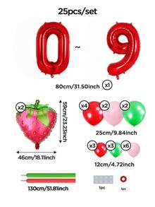 25个/套 32英寸红色0-9数字气球，2个草莓铝箔气球，生日派对装饰，适用于一周岁生日、洗礼、周年纪念派对用品 - 彩色 - 查看 4
