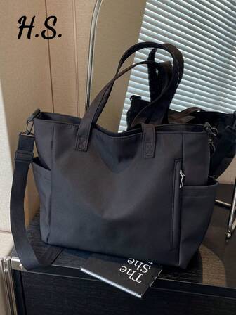 女士简约多口袋容量通勤手提包，休闲百搭帆布单肩手提包，轻巧可折叠拉链开合，适合日常使用、工作、学校、大型学校手提包，多个隔层，非常适合海滩、学校、工作和日常使用