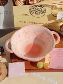 1pc New Bowknot Double Ear Bowl, Girly Pearl Lace Rim Bowl, Large Capacity Ceramic Dining Deep Bowl, High-Aesthetic Ceramic Ramen/Soup/Yogurt/Oatmeal Bowl, Suitable For Home, Restaurant, Dessert Shop, Gathering, Party - Multicolor - View 9
