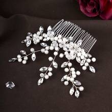 1 pieza Peine de pelo nupcial elegante hecho a mano con hojas de perlas falsas, minimalista y elegante para boda, fiesta, banquete - Plateado - Ver 8