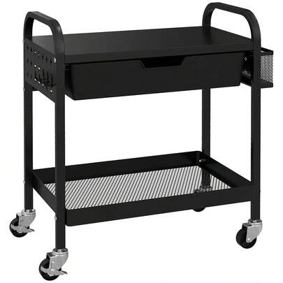 HOMCOM Rolling Cart, Serving Cart With 1 Drawer, 1 Shelf, Kitchen Cart With Storage And Hooks, Utility Cart For Kitchen, Living Room, Steel, Black
