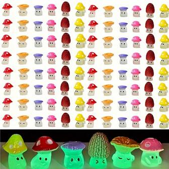 10/20/30/50pcs Glow-In-The-Dark Resin Adorable Cartoon Wild Mushroom Statues, Miniature Fairy Garden Accessories For Room, Patio, Garden, Potted Plants, Decorative Art, Durable Resin Craft