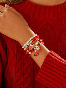 5pcs Women's Christmas Element Letter, Christmas Tree, Santa Claus Charm Bracelet Set