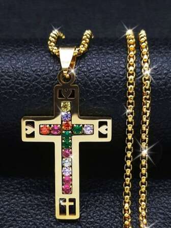 1PC New Fashion Luxury Niche Design Stainless Steel Cross Necklace Inlaid With Rhinestone Pendant Jewelry Gift Prayer Accessories (Rhinestone Color Random)