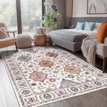 Tapis de salon, lavable en machine, style vintage, antidérapant, doux et fleuri, pour chambre, cuisine, couloir, bureau - Beige - Voir 5