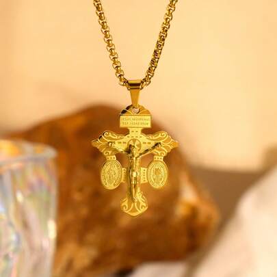 1pc Stainless Steel Vintage Prayer Letter Cross & Figure Pendant Necklace, Luxury Streetwear