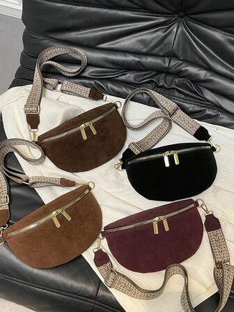 Fermuarlı, Geniş Askılı, Büyük Kapasiteli Kadın Kadife Bel Çantası, Çok Yönlü Çapraz Çanta