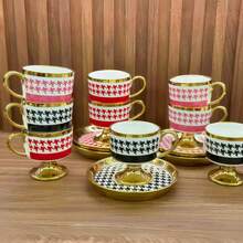 1 Set Ceramic Checkered Gold-Rimmed Vintage Coffee Cup & Saucer, Elegant For Women And Men, Suitable For Turkish/Arabic Espresso, Breakfast, Tea Party, Afternoon Tea, Home, Garden, Restaurant - Applicable For Summer, Autumn, Winter Beverages - Recommended Halloween, Christmas Gift