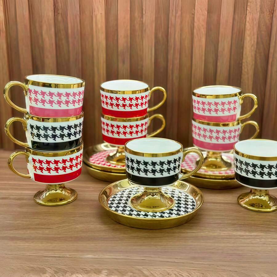 1 Set Ceramic Checkered Gold-Rimmed Vintage Coffee Cup & Saucer, Elegant For Women And Men, Suitable For Turkish/Arabic Espresso, Breakfast, Tea Party, Afternoon Tea, Home, Garden, Restaurant - Applicable For Summer, Autumn, Winter Beverages - Recommended Halloween, Christmas Gift