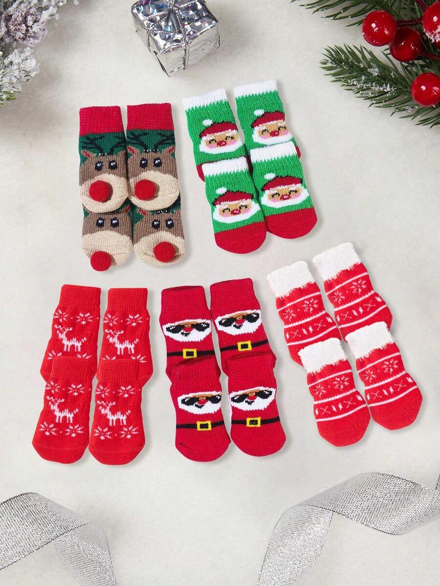 1 Bộ (4 chiếc) Tất cho thú cưng họa tiết ông già Noel và tuần lộc theo chủ đề Giáng sinh màu sắc ngẫu nhiên, món quà tuyệt vời cho mèo và chó vào dịp Giáng sinh và mùa đông - Nhiều màu - Xem 1
