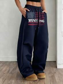 宽松阔腿运动裤，带字母口袋，男女通用直筒休闲运动裤，适合日常穿着，春秋冬 - 藏蓝色 - 查看 7