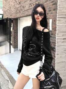 女士针织毛衣，新款韩版秋冬款，不对称斜肩长袖上衣，宽松慵懒针织衫，黑色圣诞新年显瘦弹力上衣