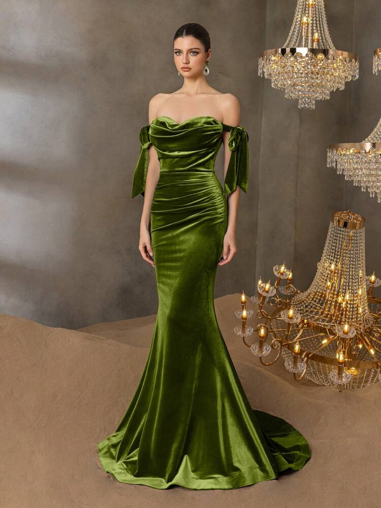 Faeriesty Women Elegant Luxury One-Shoulder Mermaid Evening Gown With Cascading Ruching & Bow-Tie Accents - Formal Gala Dresses For Red Carpet Events, Luxury Weddings, Theater Premieres, Charity Galas & Formal Galas,Party Dress,Wedding Guest,Summer Holiday Outfits Spring - Olive Green - View 6