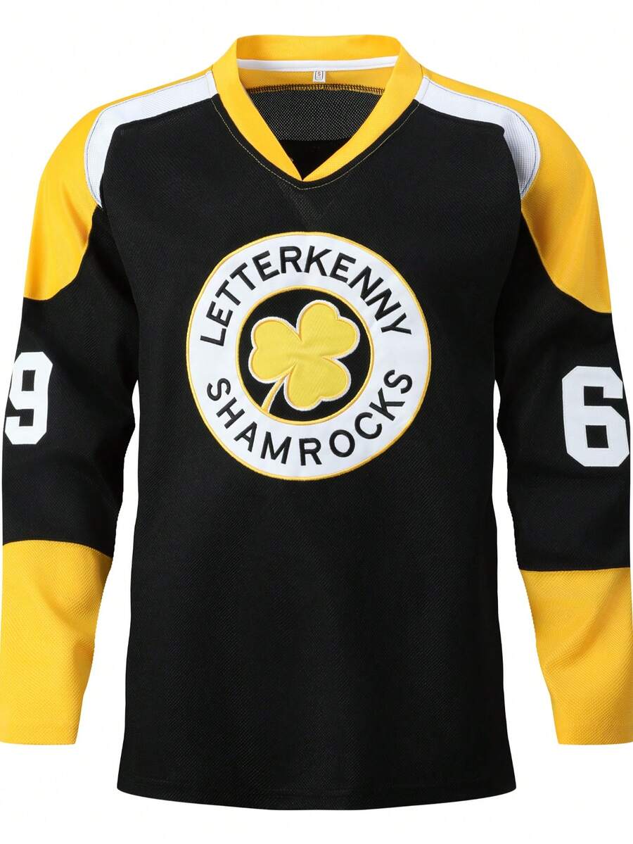 Men's Black 69 Ice Hockey Jersey Casual Long Sleeved Embroidered Stitching V-Neck T-Shirt Party Sports Top
