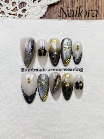 10片手工美甲，杏仁形亚克力按压式美甲，长款，柔和白色，银色渐变，闪亮银色猫眼法式美甲，手绘花朵金色星星叶子线条，不规则金箔，简约优雅奢华秋季美甲，极简美学秋季按压式美甲，多功能美甲DIY假指甲，适合派对、日常、约会、工作场合，可重复使用，送给女性和女孩的假指甲，美甲用品