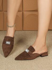 女士舒适百搭套脚穆勒鞋，新款粗跟尖头休闲软皮套脚乐福鞋 - 棕色 - 查看 4