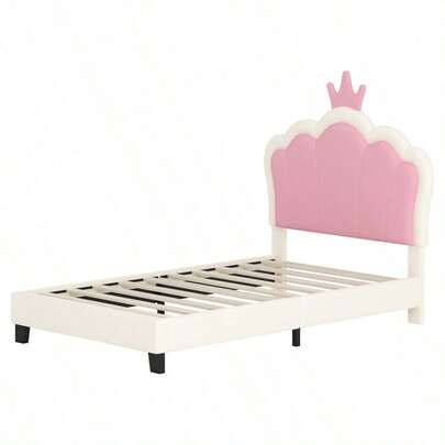 Twin Size Upholstered Princess Bed With Crown Headboard Twin Size Platform Bed With Headboard And Footboard Cream+Pink