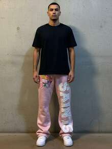 Saints Brand New Elastic Waist Design Relaxed Casual Style Pink Floor-Length Sports Pants With Embroidered Patch Pattern - Hồng - Xem 3