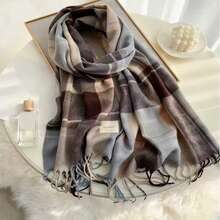 1pc Women's Faux Cashmere Plaid Tassel Scarf, Plush Autumn/Winter Shawl For Warmth, Fashion Neck Wrap For Daily Wear - 藍色 - 查看 11