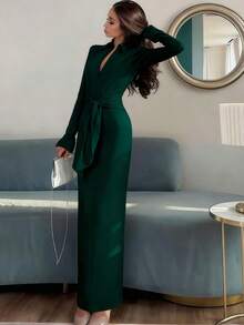 女士新款纯色优雅翻领收腰拉链长袖修身连衣裙，秋冬派对春季款 - 墨綠色 - 查看 3