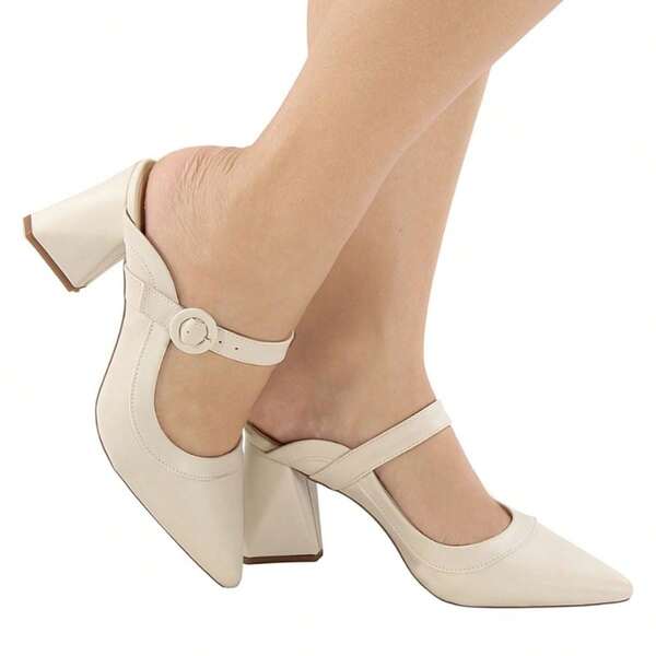 Sandália Feminina Tamanco Bico Fino Mule Salto Bloco Médio 7,5 Calce Fácil Verniz Confortável