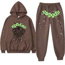 Y2K SP5 55555 Print Unisex Spider Web Letter Print Jogger Pants Sweatshirt Hoodie Fleece Sweatshirt Sports Set - Màu nâu - Xem 1