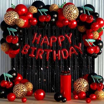 红色和黑色猎豹纹乳胶气球拱门套装，豹纹樱桃生日花环，适用于婴儿派对、准新娘派对、单身派对装饰用品