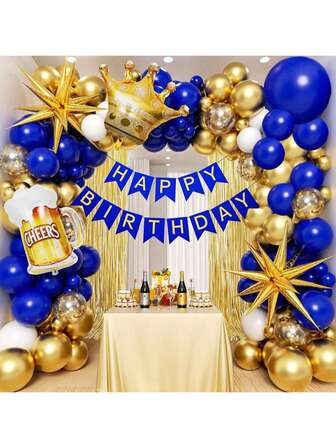 1 Set de decoraciones para fiesta de cumpleaños en azul real y dorado, incluye pancarta de "Feliz Cumpleaños", estrellas, corona para botellas de cerveza, globos de papel de aluminio, adecuado para decoración de cumpleaños