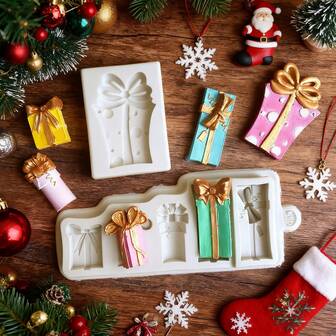 1 pieza Caja de regalo con forma de decoración navideña, hecha a mano de arcilla, velas, yeso, decoración para ambiente festivo, fácil desmoldado, reutilizable.