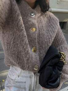 Women's New Simple Solid Color Soft Fuzzy Knit Cardigan - Maroon - View 1